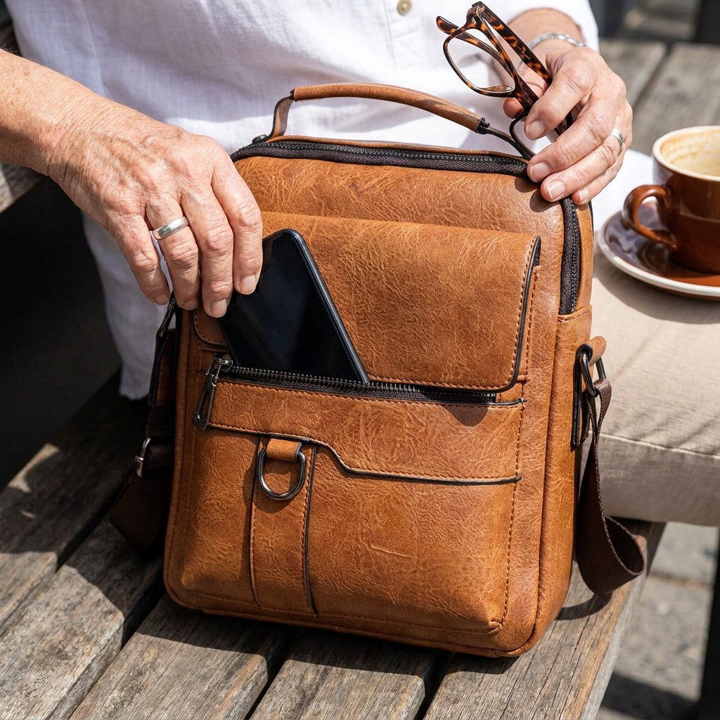 The open Harper bag showing a phone, keys, wallet and glasses in separate compartments