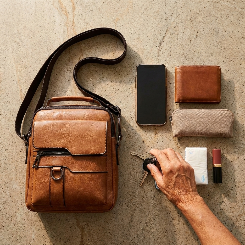 Flat lay of the Harper bag next to the everyday items that fit inside it