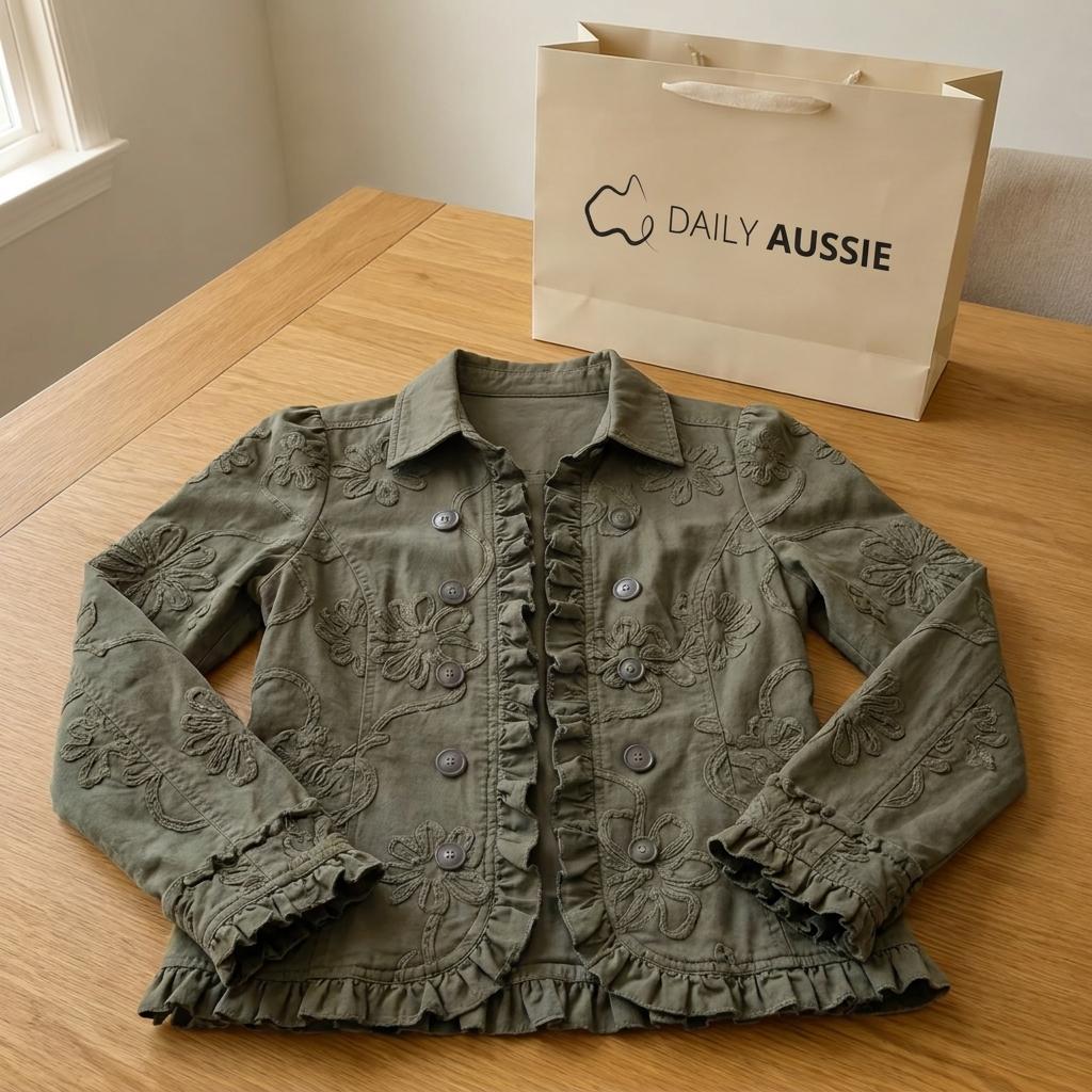 Olive embroidered jacket with a Daily Aussie shopping bag