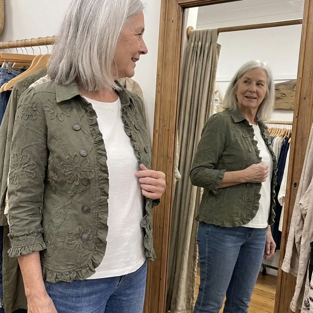 A woman in her sixties standing near a mirror, relaxed and thoughtful