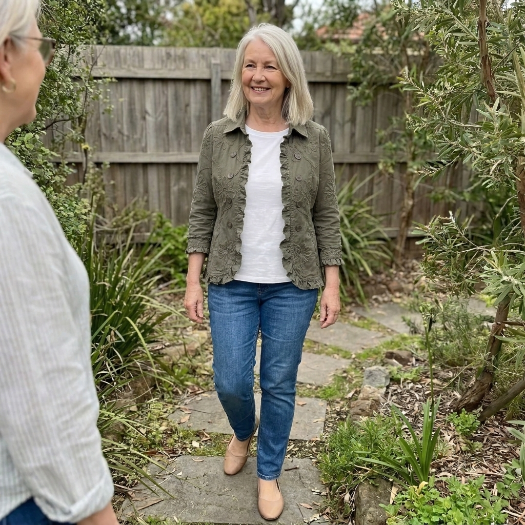 A woman wearing an embroidered jacket with blue jeans and a white top
