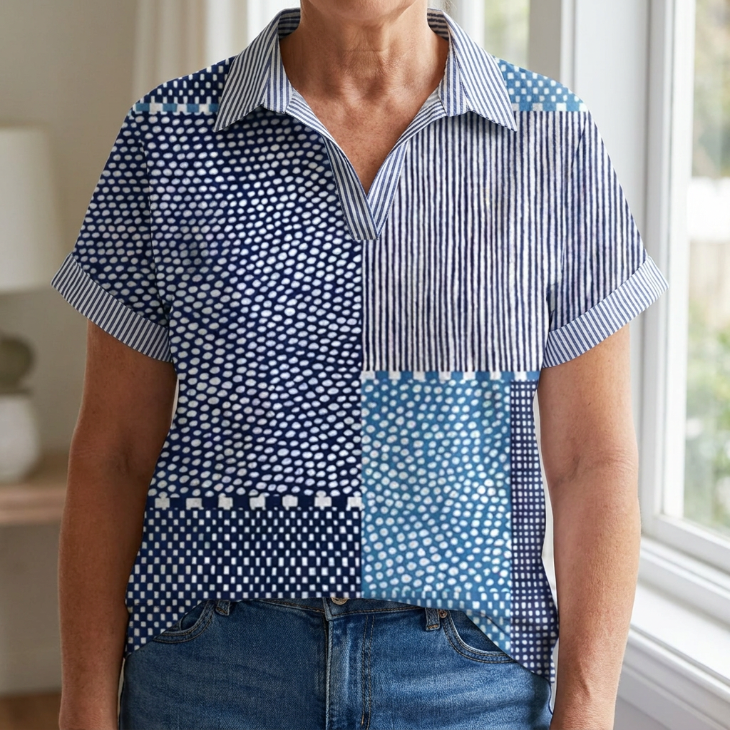 Close-up of the sleeve of a colourful collared top on a woman's arm