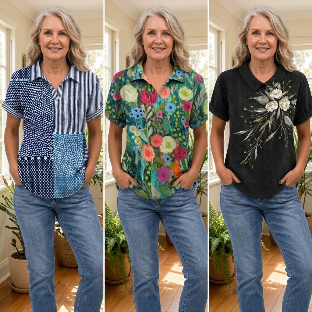 Several different colourful collared tops from the collection, in florals, botanical prints, stripes and patchwork