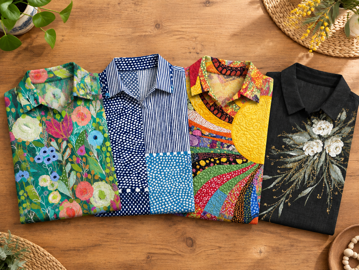 Close-up of the print and collar of a colourful collared top
