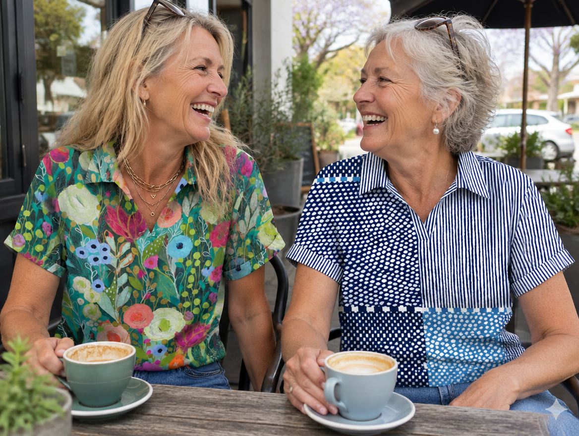 Two friends in their sixties laughing together at a café, one wearing a colourful collared top