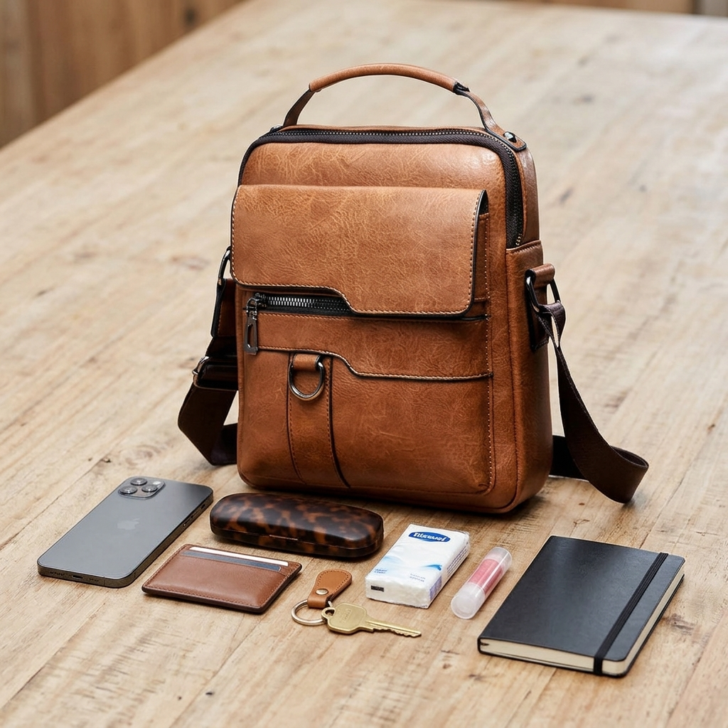 The Harper shoulder bag open on a wooden table with everyday belongings beside it