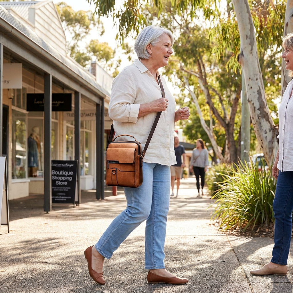 A woman wearing the Harper shoulder bag on an ordinary outing