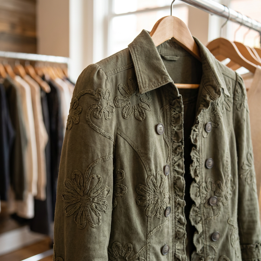 Close-up of an olive jacket showing floral embroidery, ruffled placket, collar and buttons