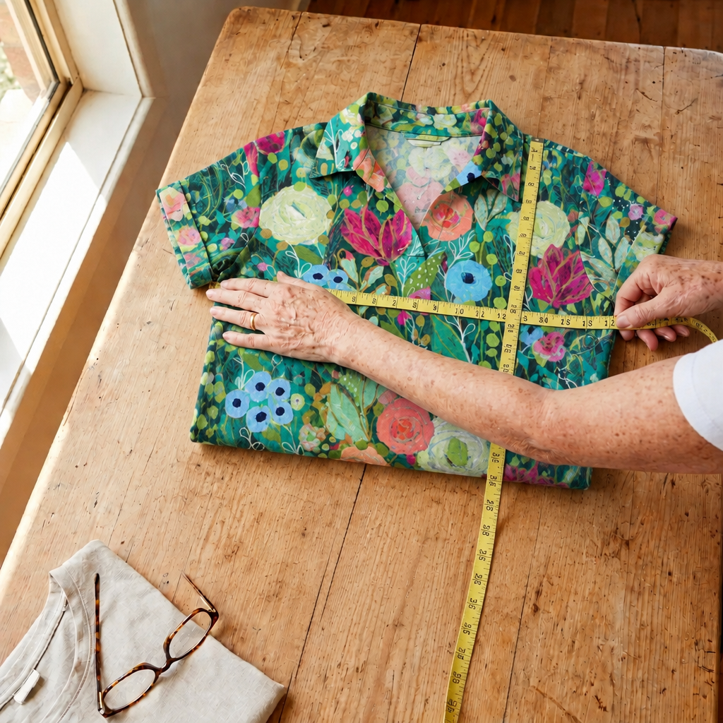 A colourful collared top laid flat with a measuring tape beside it