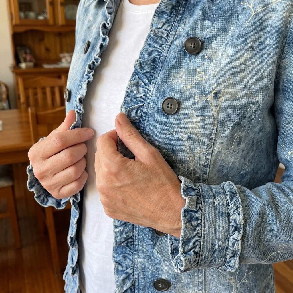 Close-up of a blue jacket with a ruffled placket and cuff, worn over a white tee, showing the fabric texture and buttons
