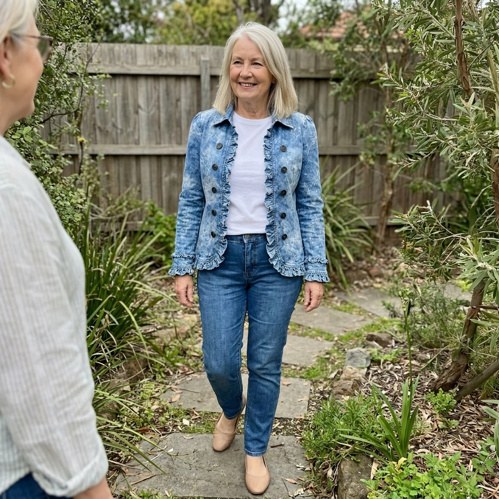 Smiling woman in a garden wearing a blue ruffled jacket over a white tee and jeans