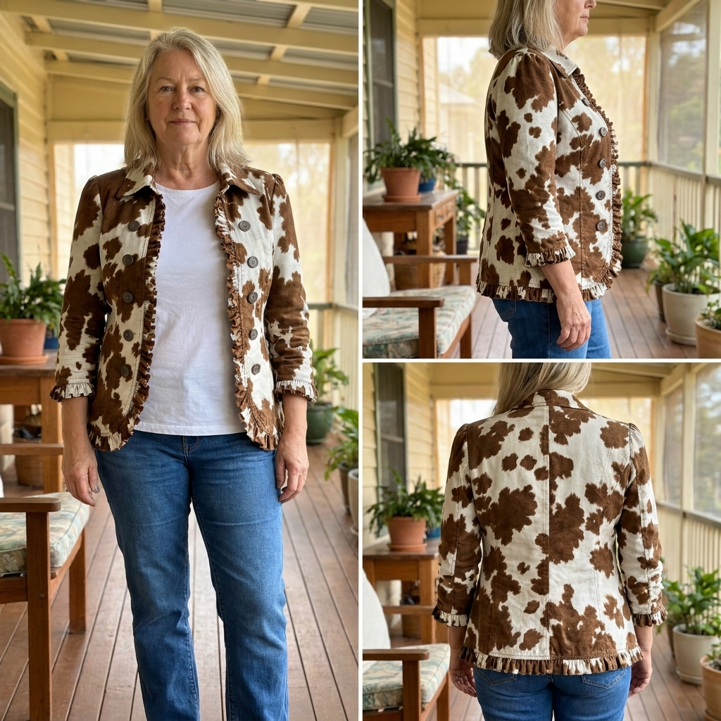 Woman wearing a brown and cream ruffled jacket over a white tee and jeans, shown from the front, side and back to show the relaxed fit