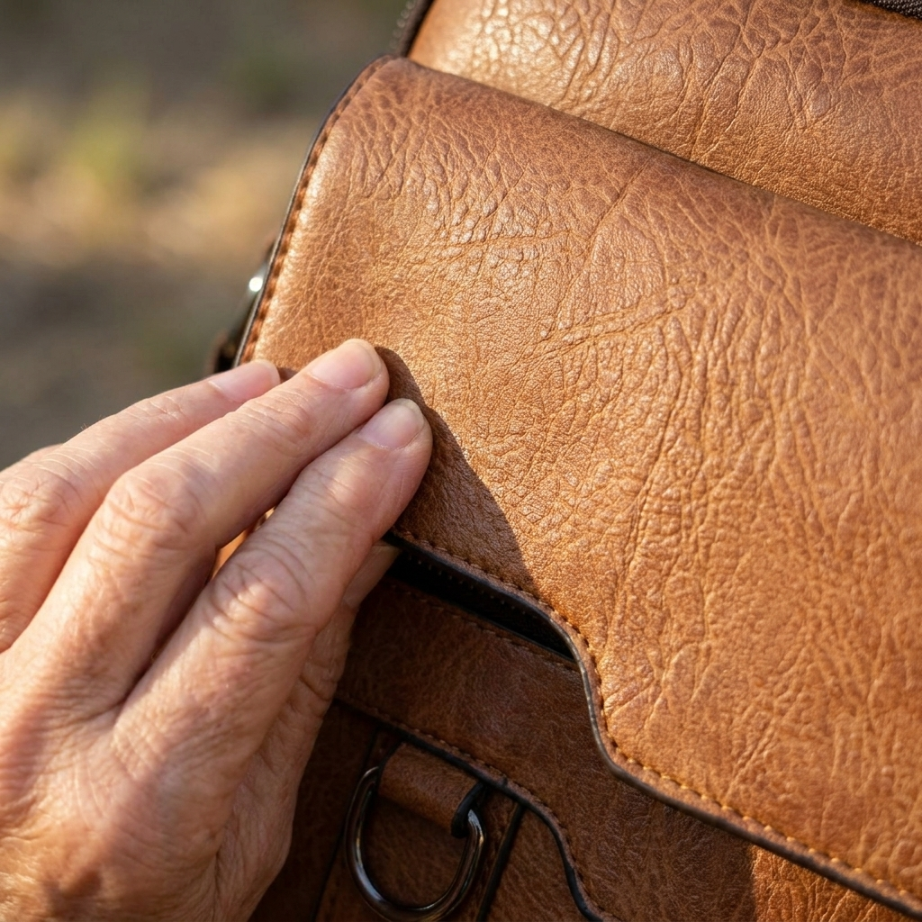 Close-up of the soft faux-leather texture and stitching of the Harper bag