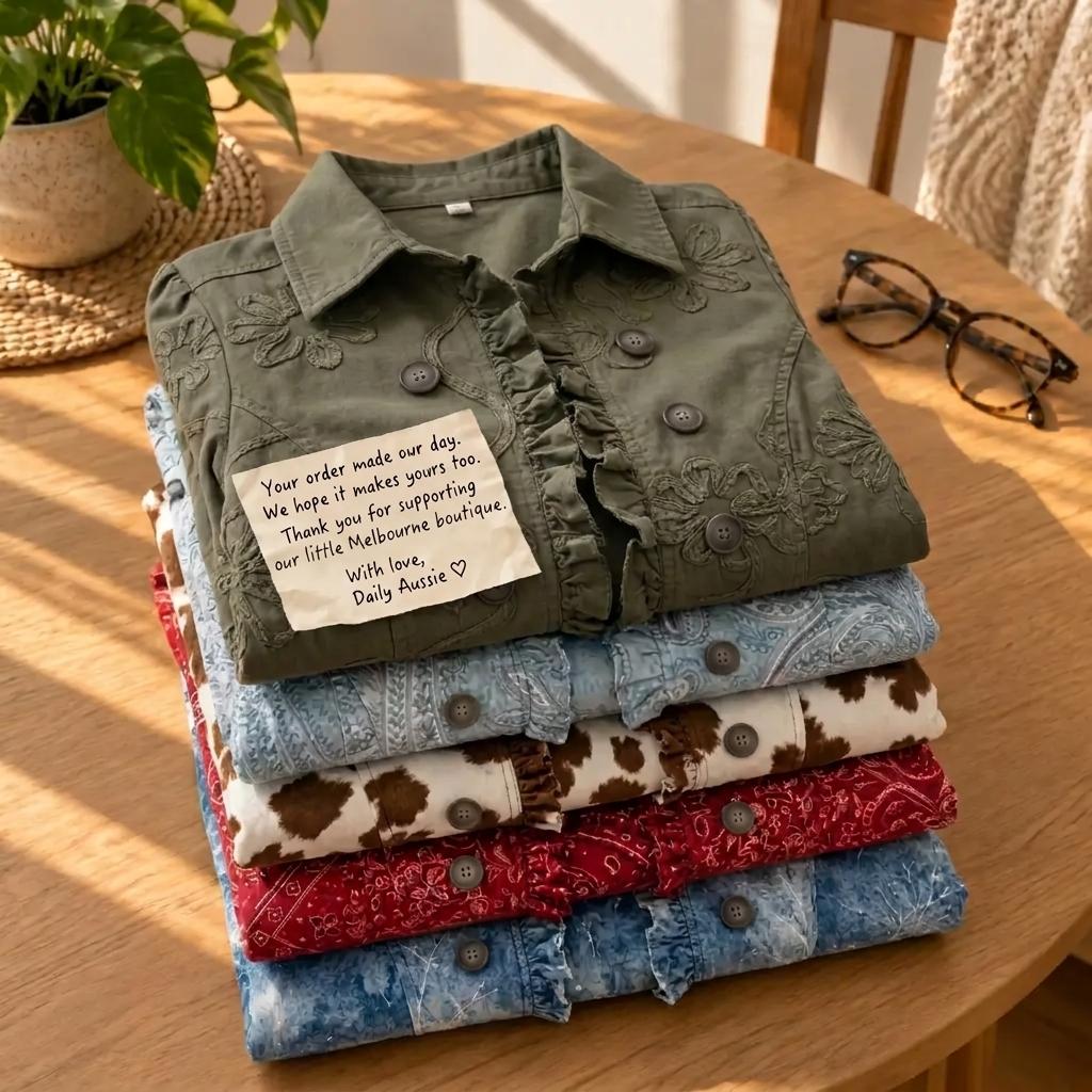 Stack of five jackets on wooden table with Daily Aussie note and glasses