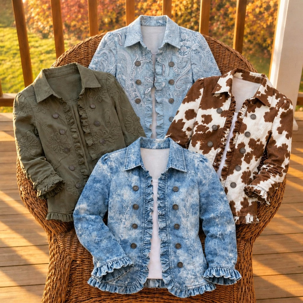 Four bohemian jackets arranged on a wicker chair on a porch
