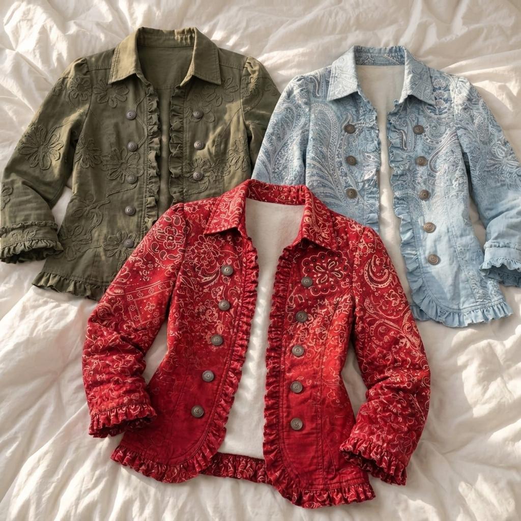 Three bohemian jackets flat lay on white bedding