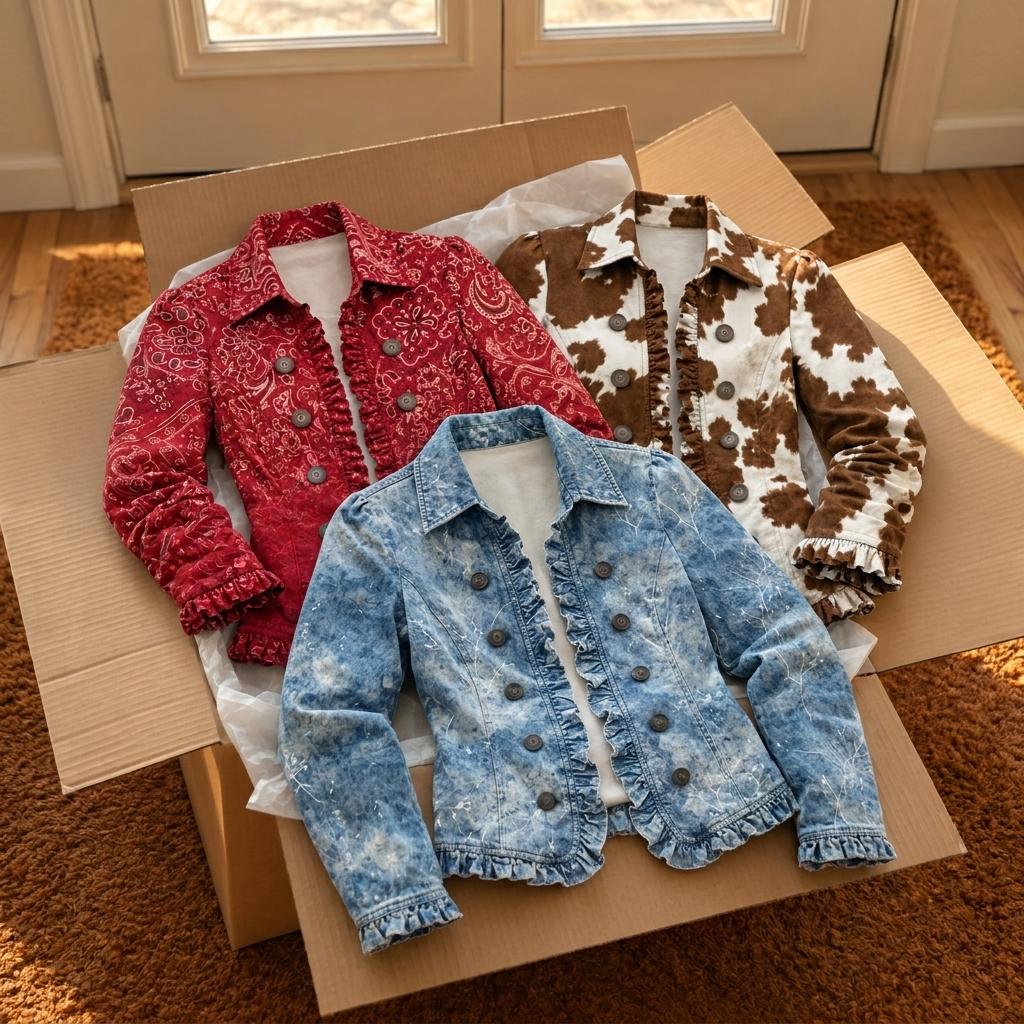 Three bohemian jackets in a shipping box