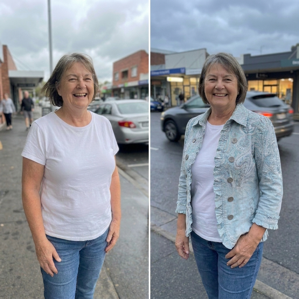 The same woman in blue jeans and a plain white T-shirt, on the left without a jacket and on the right wearing a pale blue paisley Daily Aussie jacket over the same outfit