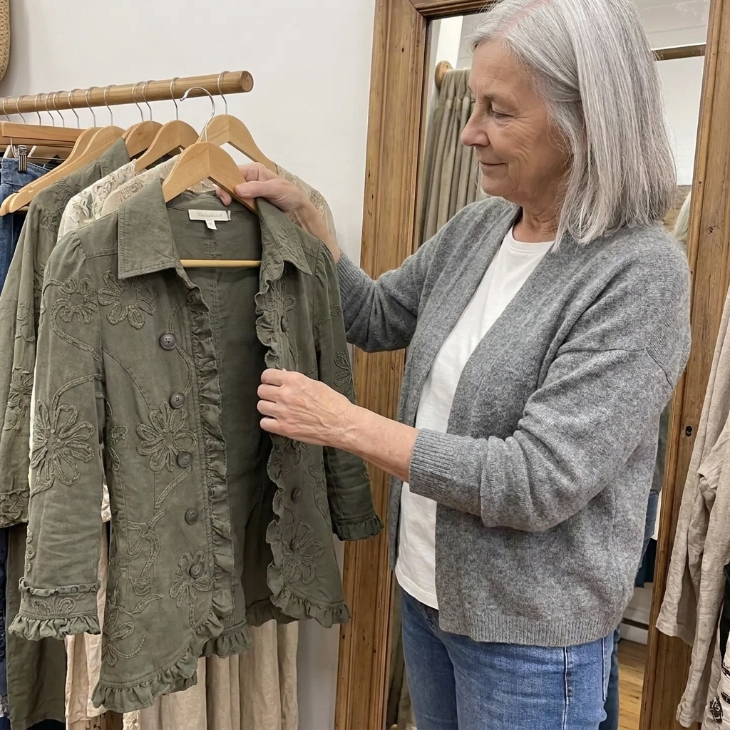 A woman examining a colourful embroidered jacket on a hanger in a small boutique