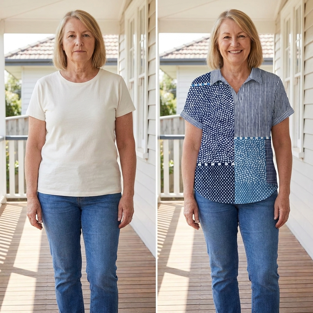 Woman wearing a colourful collared top with blue jeans, showing how the top sits through the middle