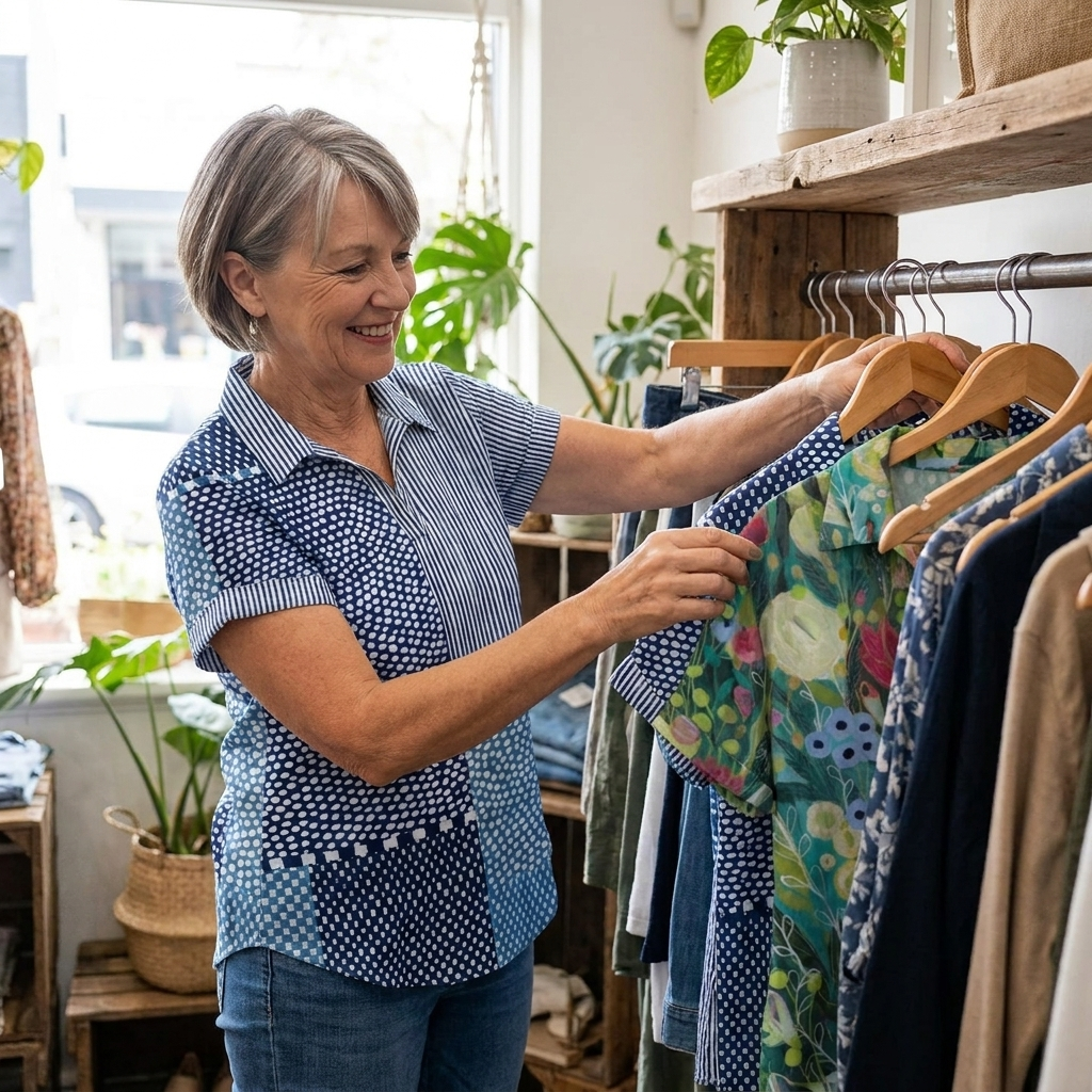 Olivia, the founder of Daily Aussie, wearing a colourful collared top