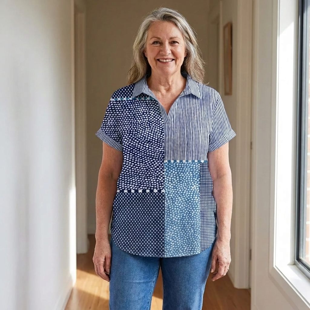 A woman on an ordinary outing wearing a colourful collared top with blue jeans