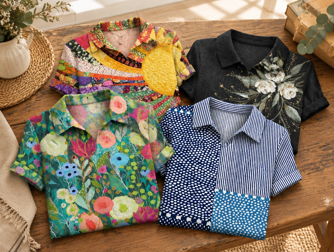 Four colourful collared tops from the Daily Aussie collection arranged on a wooden table