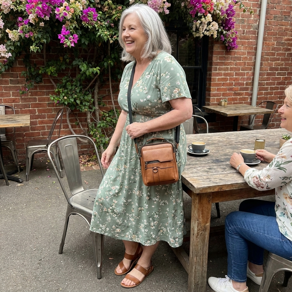 A woman wearing the Harper bag with a relaxed everyday outfit