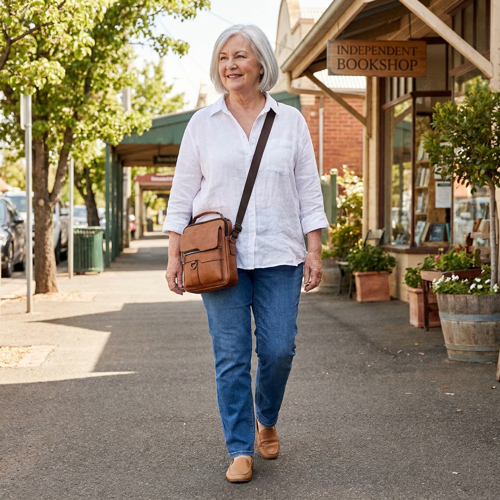 A woman in a linen blouse and jeans carrying the cognac-brown Harper bag across her body on a morning in an Australian town